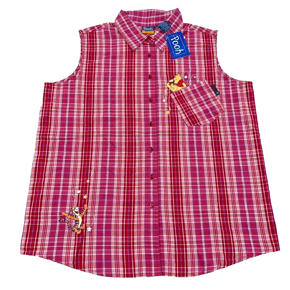 Vintage Winnie the Pooh Shirt Womens 14/16W Button Up Sleeveless Red Plaid Adult